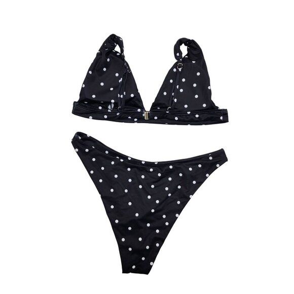 Black White Polka Dot Bikini Set  Adjustable Straps & High-Cut Bottoms Size L - Picture 5 of 7